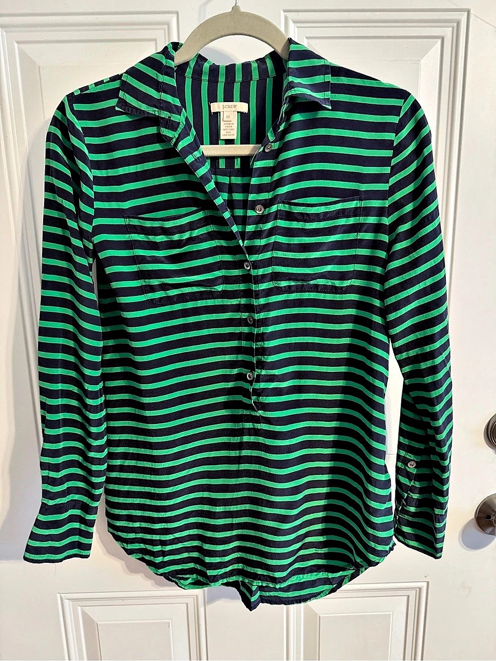 J.Crew 100% Silk Striped Long Sleeve Button-Down Shirt Green & Navy 00